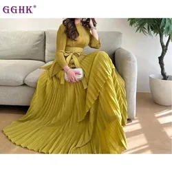 GGHK Pleated Women Elegant Evening Party Dress 2025 Spring Fall New Solid Color Splicing Design Loose Large Size Female Dresses