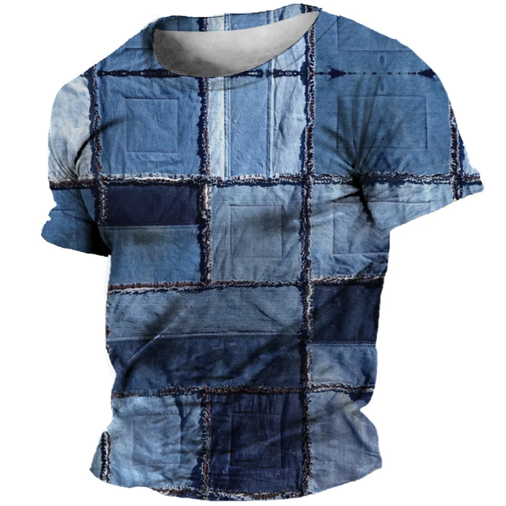 Summer Vintage T-Shirt for Men Cowboys Print Short Sleeve Oversized Men's Clothing Patchwork Tees Round Neck Street Stylish Tops