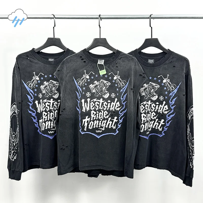 

Classic Graphics Print West Coast Choppers Long Sleeved T-Shirt Streetwear Vintage Washed Black Damaged Hole Saint T Shirt Tee