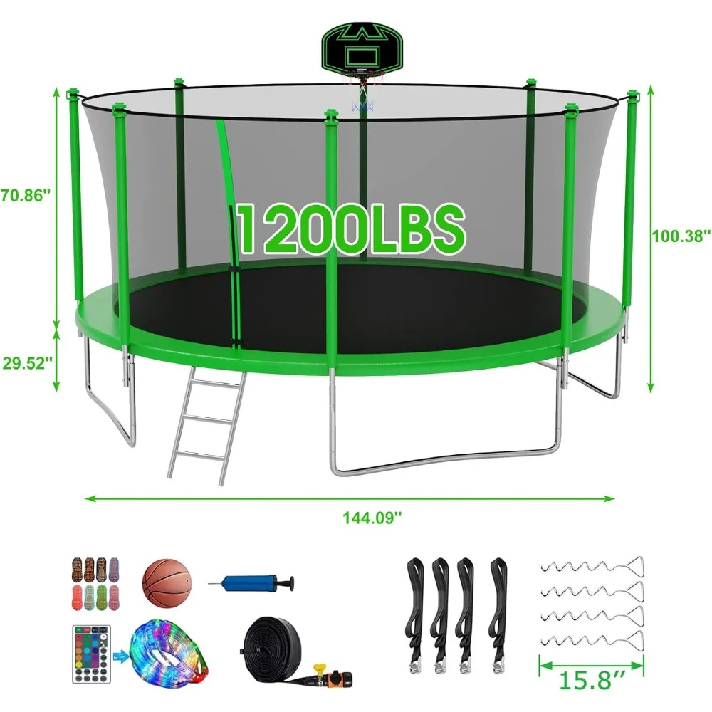 1200LBS 12FT Tranpoline, Windproof Outdoor Tranpoline with Enclosure Net, Basketball Hoop, Easy to Install & Last Long