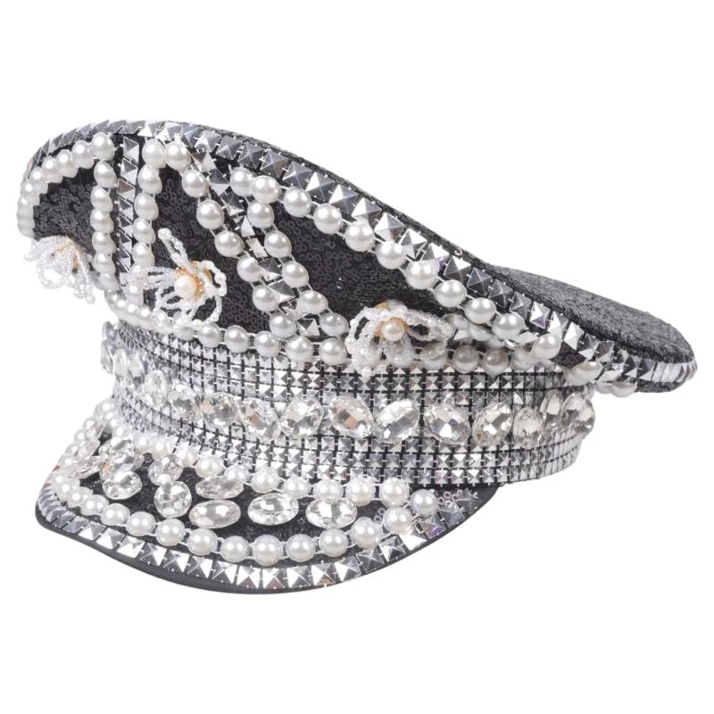 

39BB Шляпа невесты мерцающие стразы Капитан Шляпа Кристалл Сейлор Шляпа для музыкальных фестивалей блестящие хрустальные капитан