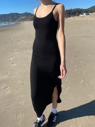 Black Slim Split Maxi Dress Woman Summer Sleeveless Strapless Skinny Long Vestidos Casual Simple Fashion All-match Dresses