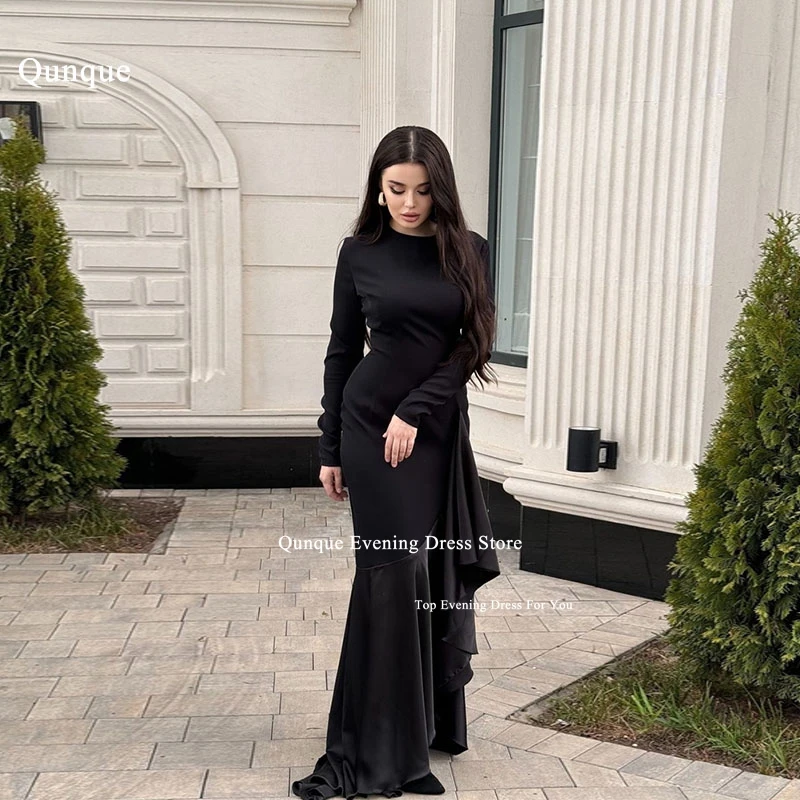 

Qunque Black Mermaid Prom Dresses Vestido Festa فساتين السهرة Satin Evening Dress Long Sleeves Saudi Arabia Birthday Party Dress