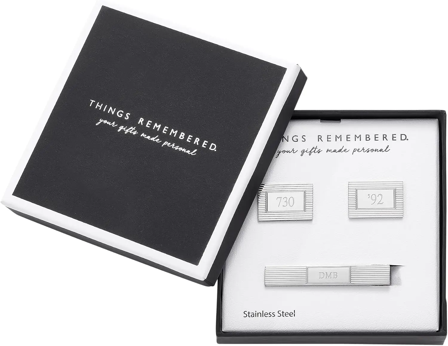 Engraved Stainless Steel Silver Lined Tie Clip and Cufflink Set for Dad (Free Customization)
