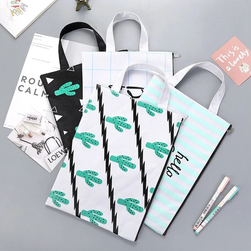 Cactus File Folder Document Bag A4 Paper Holder Grid Canvas Zipper Handbag Student Cute Stationery School Office Supplies