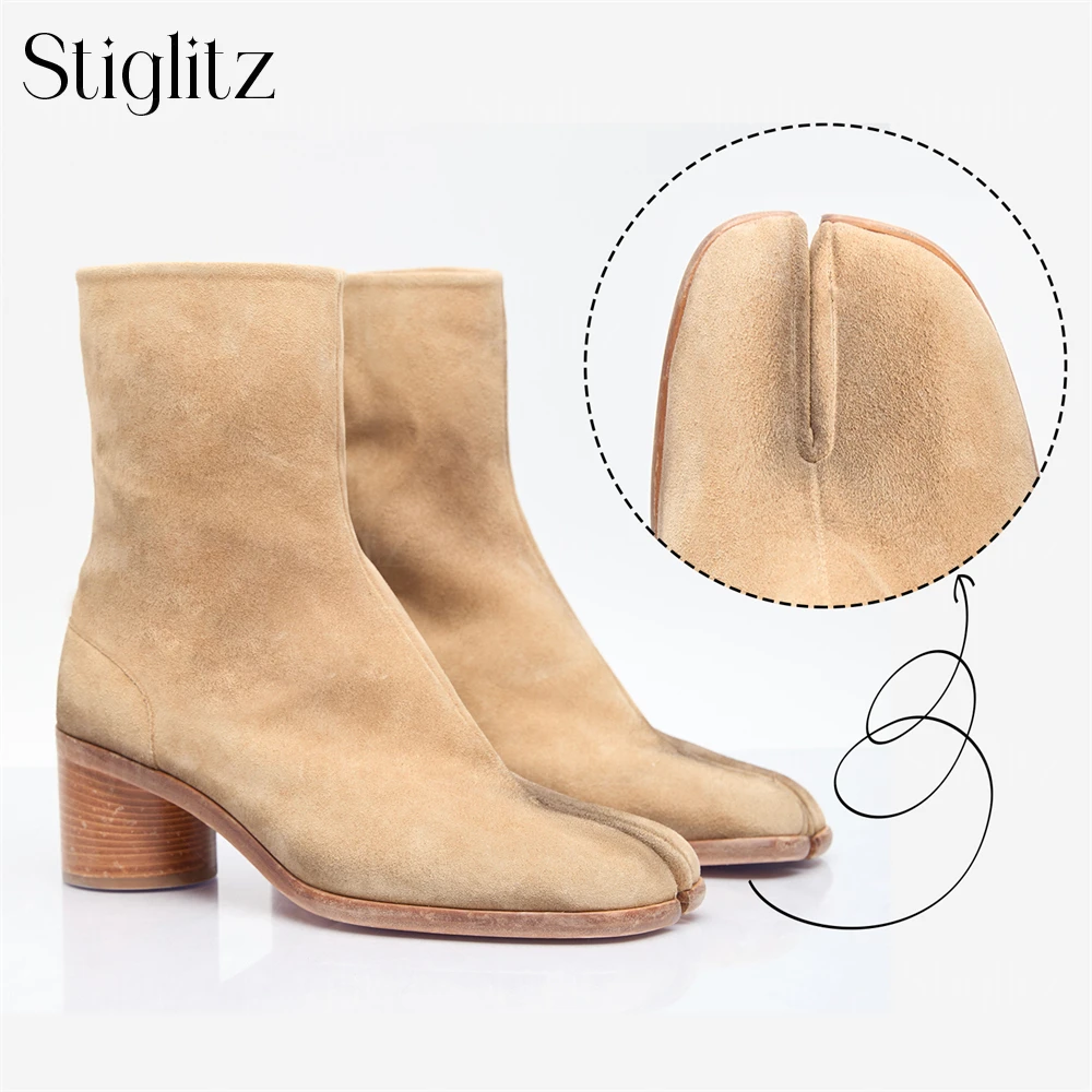 

5cm Brown Suede Tabi Booties Classic Cylindrical Heel Fashion Boots Designer Novelty Split Toe Boots Men's Handmade Ankle Boots