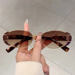 KAMMPT Fashion Leopard Decor Tawny Shades Women Retro Oval Metal Trends Sunglasses Ins Brand Design Ladies Sunglasses for Beach