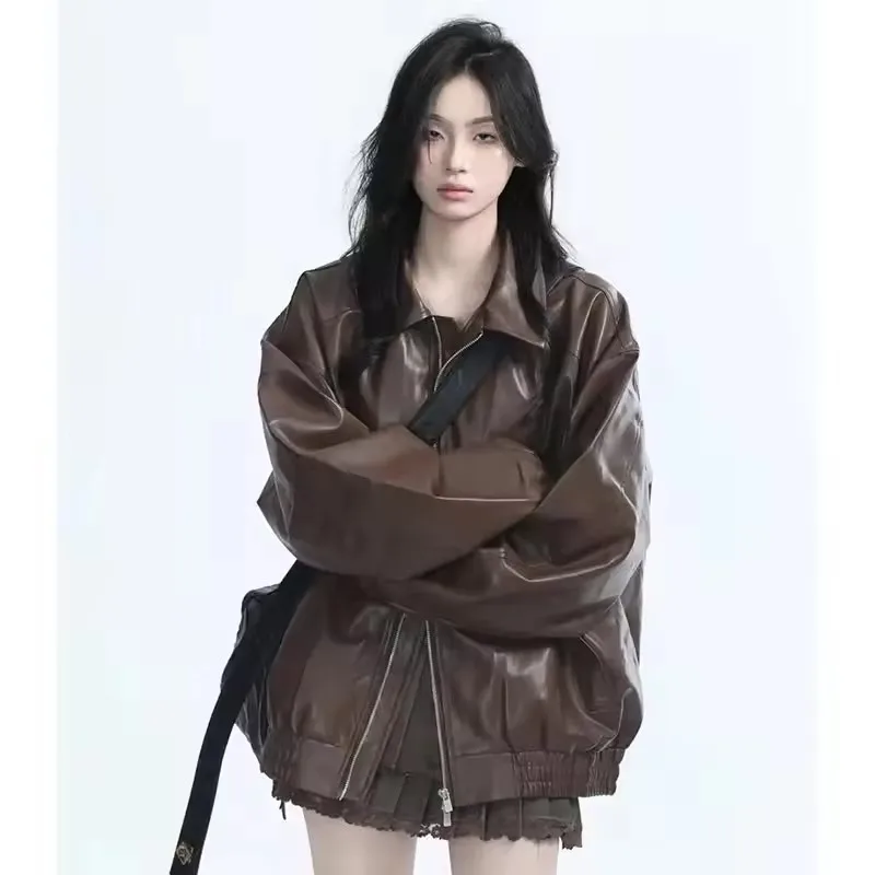 Retro Ladies Fashion Zipper Faux Leather Jacket Spring Fall Women Long Sleeves Zipper Leather Coat 2026 PU Outwear