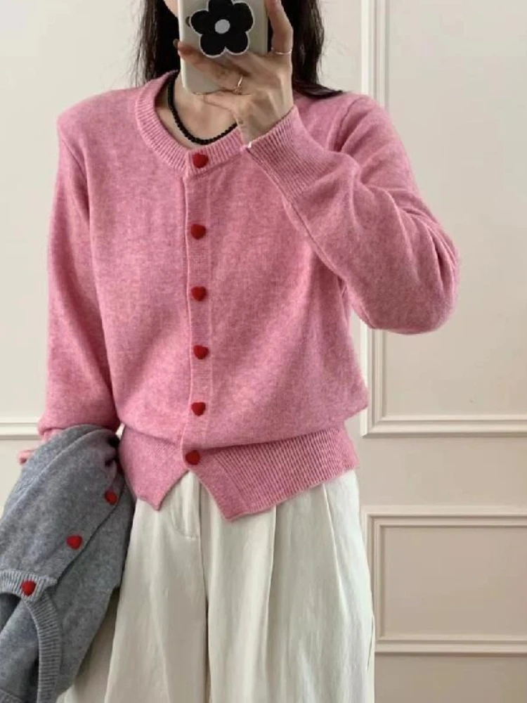 Трикотажный кардиган с перевязанным вырезом, женский свитер с длинным рукавом на осень/зиму, винтажный корейский модный свитер реглан с пуговицами в форме сердца, верхняя одежда, куртка