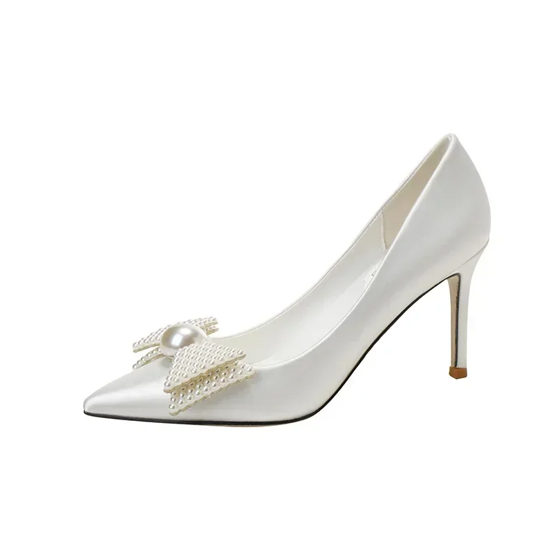 Large Size 33-43 Wedding Shoes Women Stiletto White Bridal High Heels Bow Dress Shoes