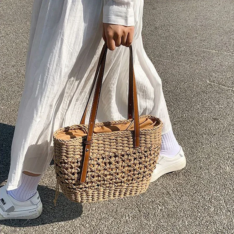 Casual Rattan Large Capacity Shopping Tote Designer Wicker Woven Women Handbags Summer Beach Straw Bag Lady Travel Big Basket