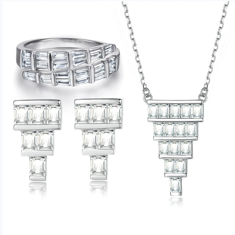 Jewelry set, 3-piece, European and American style, 925 sterling silver, open snake ring, square diamond, triangular earrings, ne