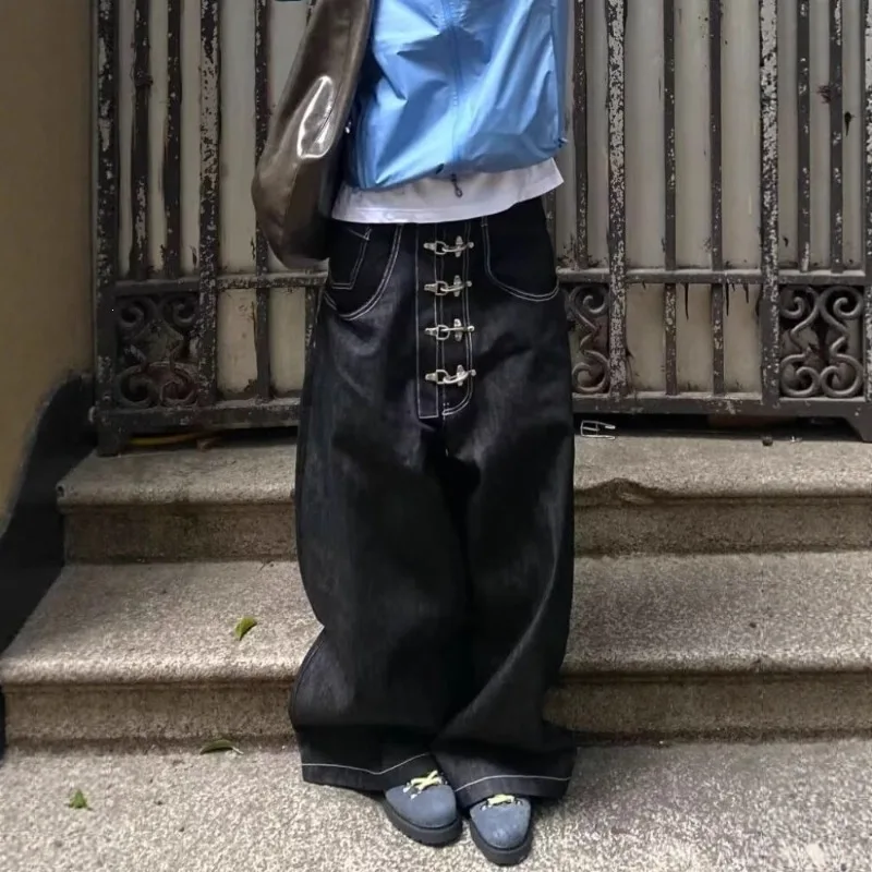 Men Vintage Baggy Wide Leg Jeans Multi Metal Airplane Button Front Washed Denim Curved Cut Oversized Loose American Long Pants