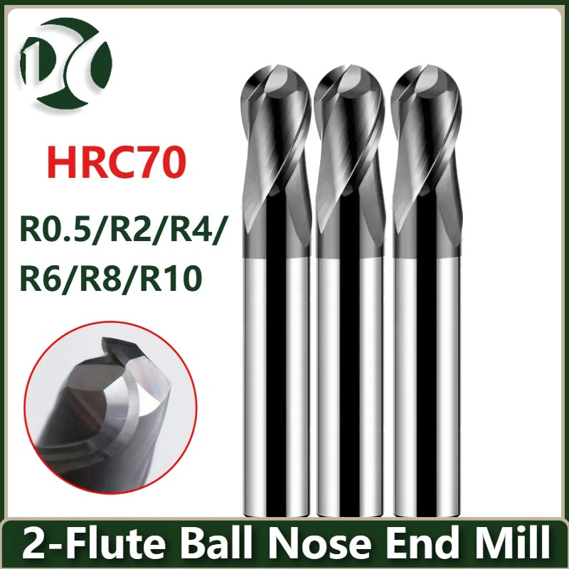 HRC70 2 Flute Ball Nose End Mill Solid Carbide Tungsten Steel Cutter R0.5-R10 CNC Router Bit for Hardened Steel Mold Machining