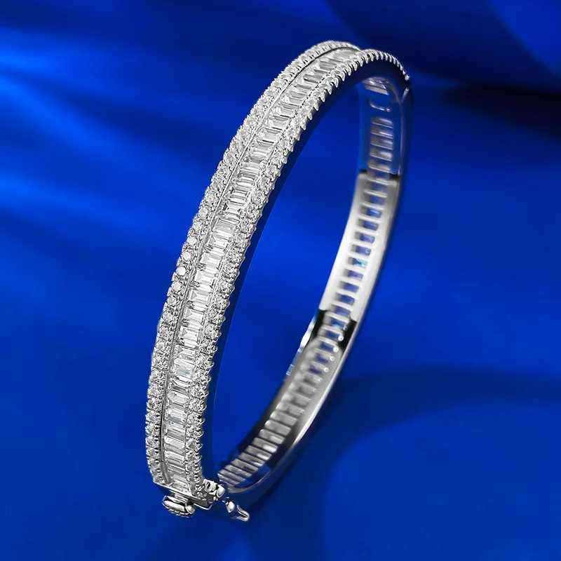 

S925 Silver Buguette Carbon Diamond Cuff Bracelet for Women Fine Jewelry Bling 7A Zircon Bracelets Bangle 3 Row Party Gift