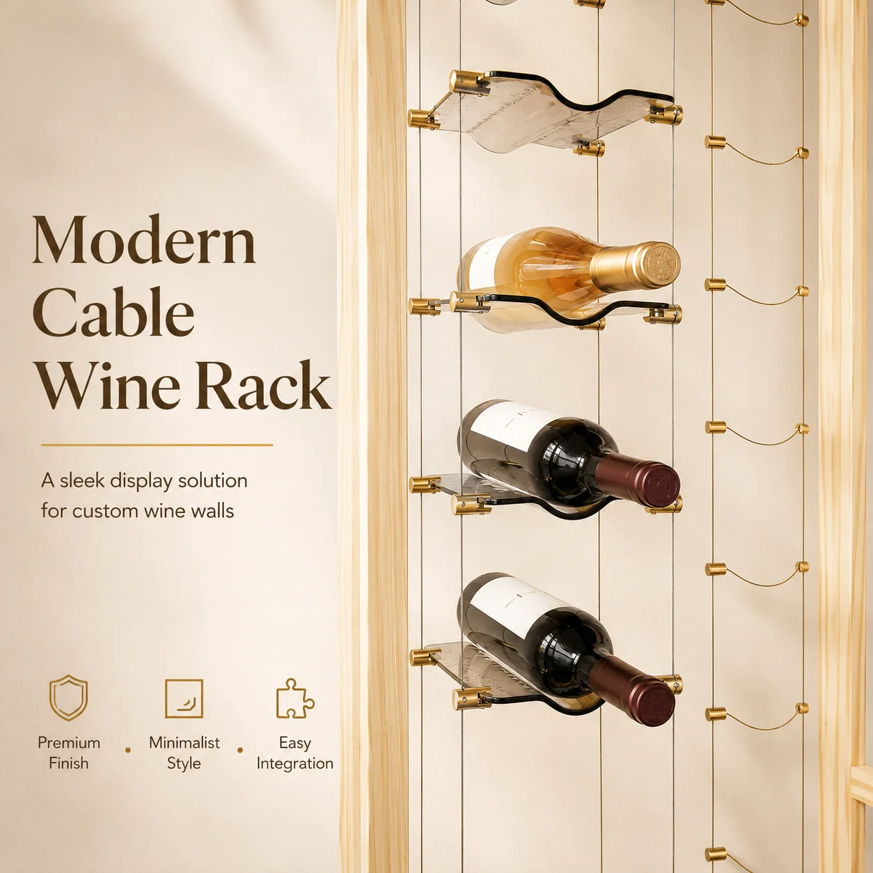 Floating Wine Cable System Wine Racks Bottle Holder With clear Glass Cradles and Silver Clips Design Wine Rack Wall Mounted