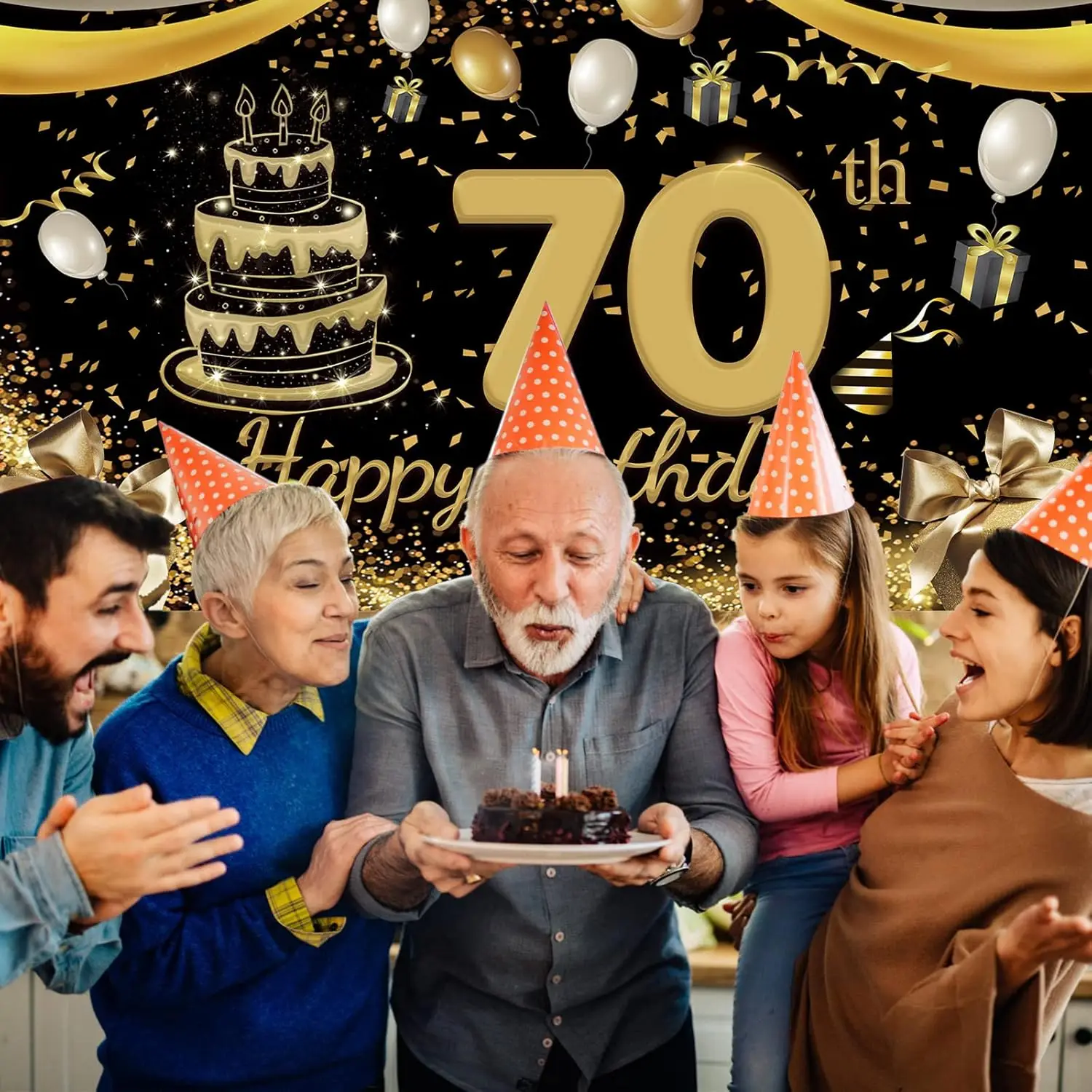 لافتة عيد ميلاد سعيد، لافتة زينة عيد الميلاد الذهبية السوداء السبعين مناسبة للرجال والنساء في أي خلفية للاحتفال بعيد الميلاد #5