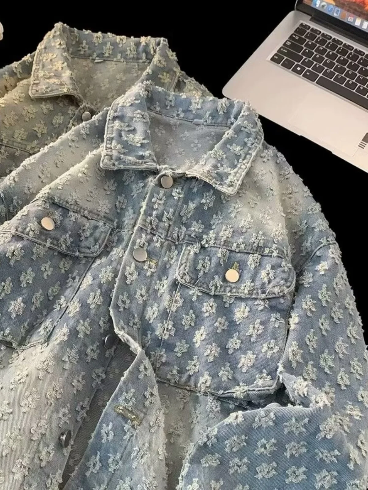 American Style Casual Denim Jacket Couple Matching Loose Fit Retro Embroidery Spring Autumn Outerwear for Men