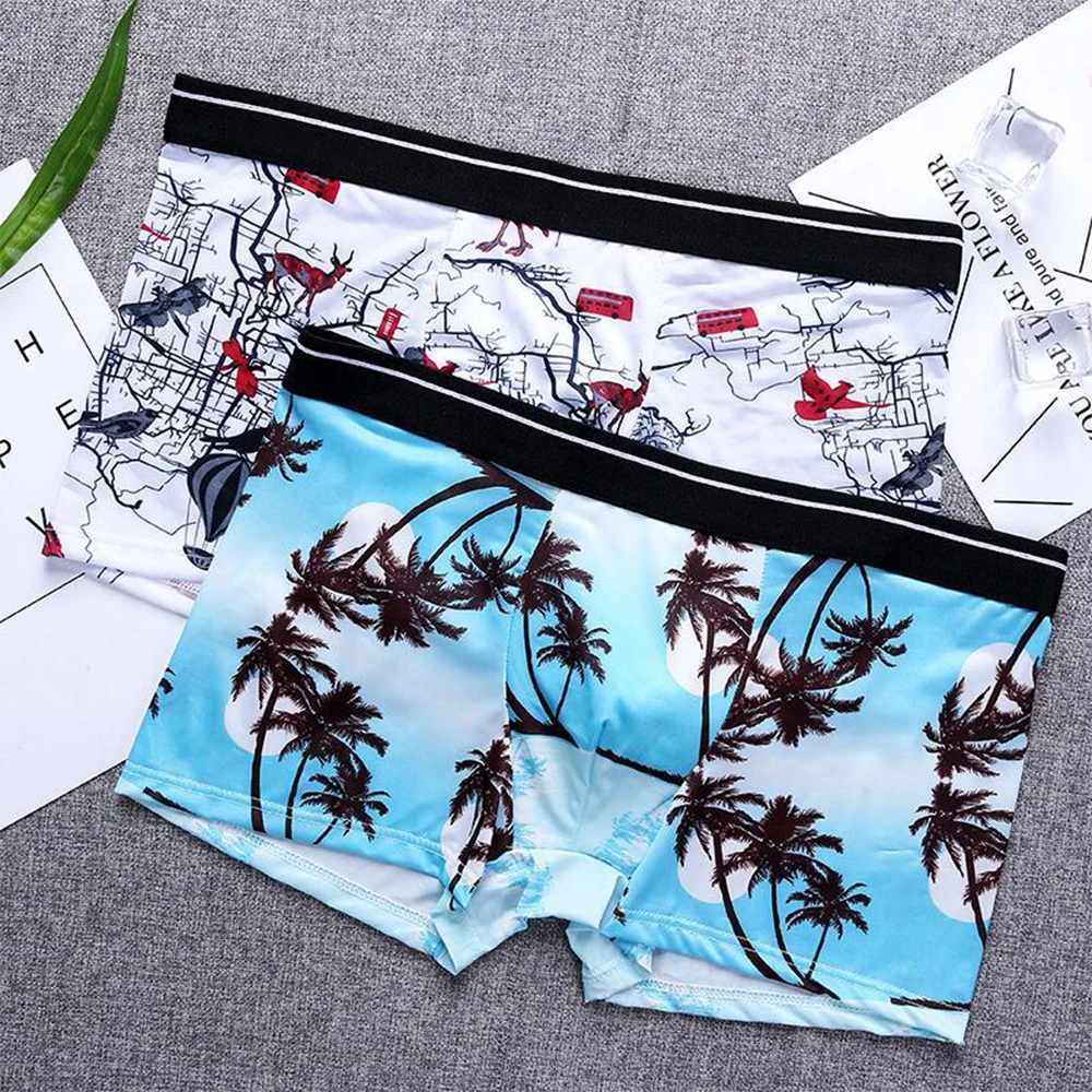 Men Ice Silk Underwear Camouflage Printed Boxer Hawaiian Style Briefs Bulge Pouch Soft Underpants Trunks Sleep Bottoms 