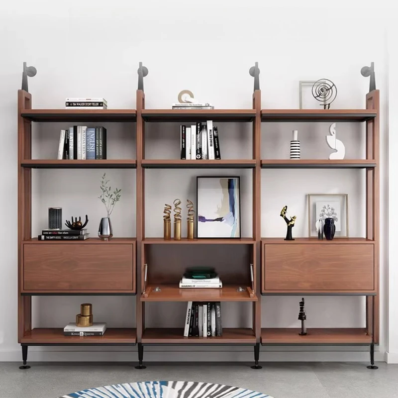 

Bookshelf, wall-mounted wrought iron solid wood bookcase, household shelf, floor-to-ceiling integration
