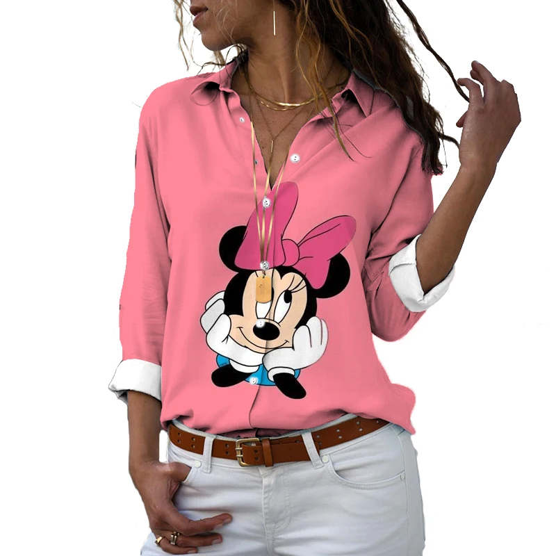 2024 Street Style Autumn Harajuku Long Sleeve Shirt Mickey Minnie Cartoon 3D Print Women's Lapel Single Breasted Shirt y2k