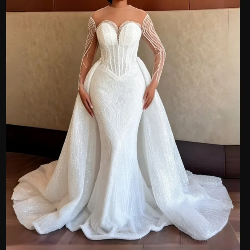 Customized Sheer Neck Sparkly Beads Sequins Wedding Dress with Removable Skirt Vestido De Noiva  Long Sleeves   Bridal Gowns