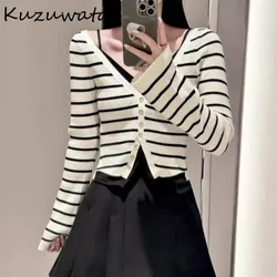 Kuzuwata Sweet Literary V Neck Flare Sleeve Set Cardigan Stripe Slim All-match Sling Japan New Casual Fake Two Piece Knit Jumper