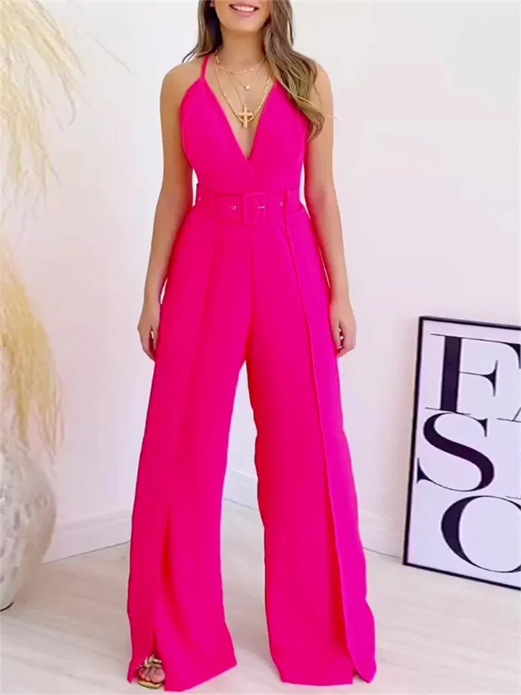 Wmstar Women Jumpsuit Summer Elegant Fashion Solid Color Spaghetti Strap V Neck oose Wide Legs Slit Wide Leg Romper with Belt