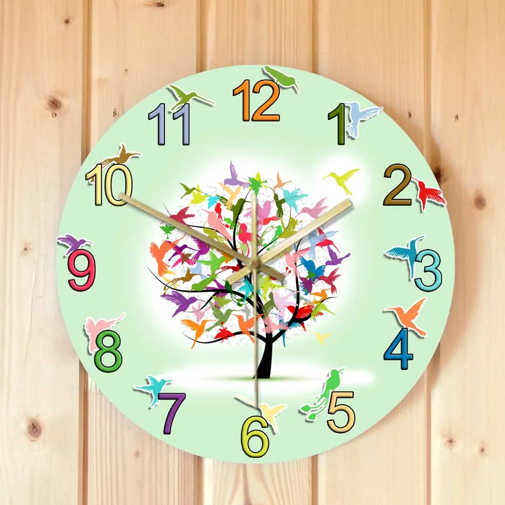 Colorful Spring Tree Modern Design Wall Clock Hummingbirds Minimalist Nature Artwork Decoractive Silent Sweep Quartz Clock Watch