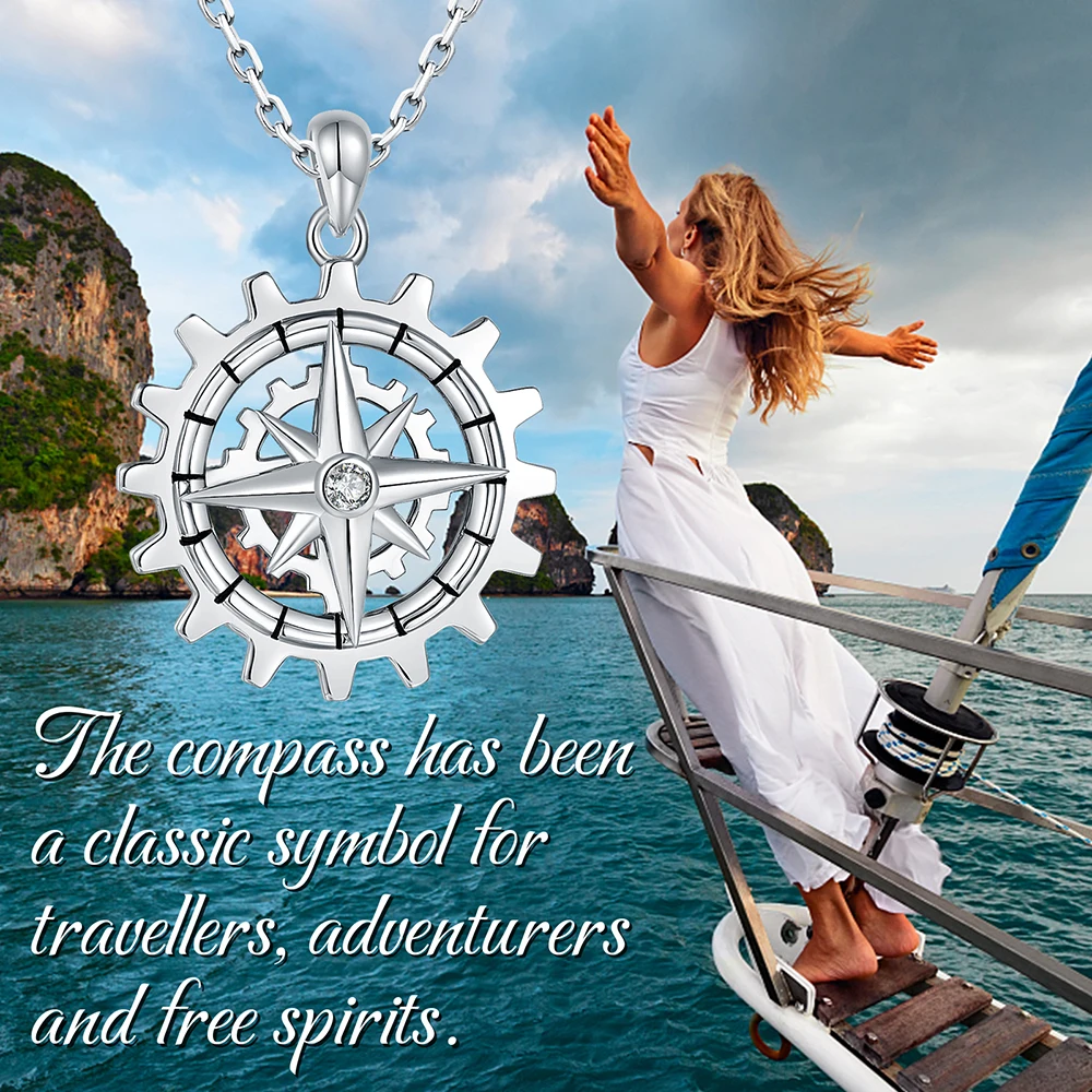 925 Sterling Silver Gear Nautical Dream Working Necklace Spinner Compass Inspirational Pendant Graduation Gifts For Girls Women