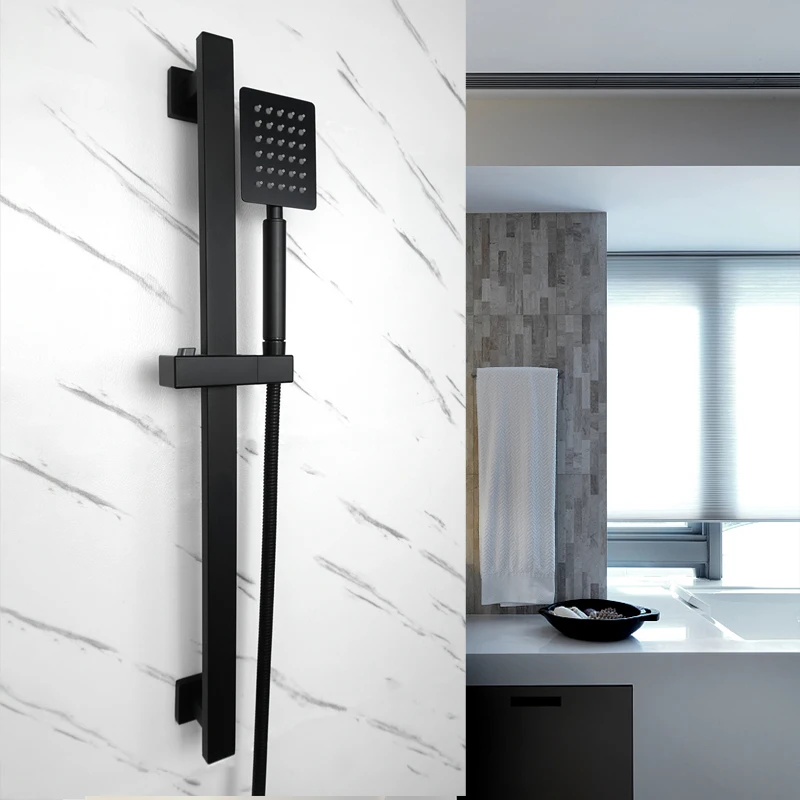 Imagem -03 - Montado na Parede do Chuveiro de Levantamento de Revestimento Preto Barra Corrediça Alta Pressão Chuveiro Mão Titular Ajustável Banheiro Barra Deslizante Ferroviário