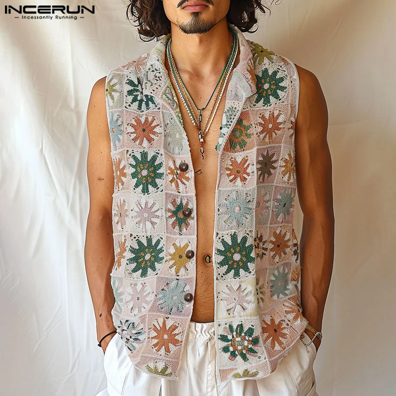 INCERUN Men Shirt Printing Lapel Sleeveless Hollow Out See Through Camisas Streetwear Summer 2024 Fashion Casual Men Clothing