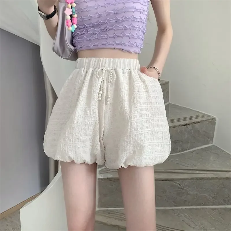 New Summer Solid Women's Wear Elastic Waist Jacquard Weave High Waist Bow Fashion Casual Loose Lantern Wide Leg Shorts Z921