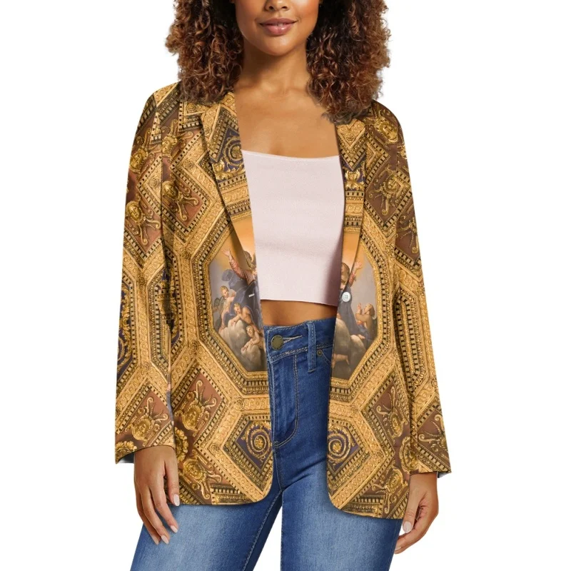 Noisydesigns Luxury Golden Women's Blazer 2024 Print Floral Girls Lady Long Sleeve Jackets Coat Business Work Female Tops Suit