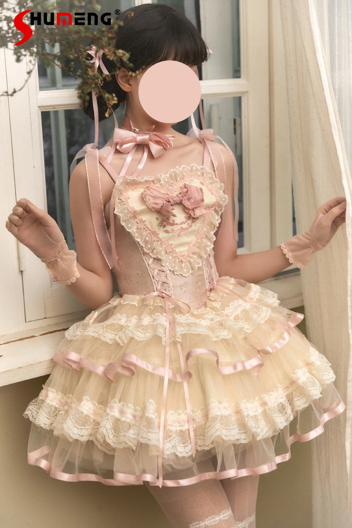 

Heavy Industry Elegant Sweet Princess Birthday Suspender Dress Heart Ruffles Bow Sleeveless Kawaii Lolita Puffy Mini Dress Women