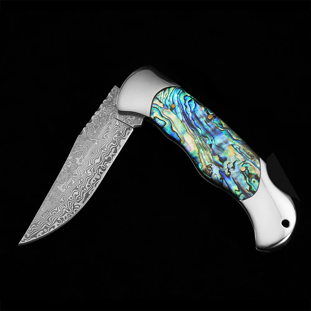 Damascus field portable folding knife with colorful shell and steel handle for home collection