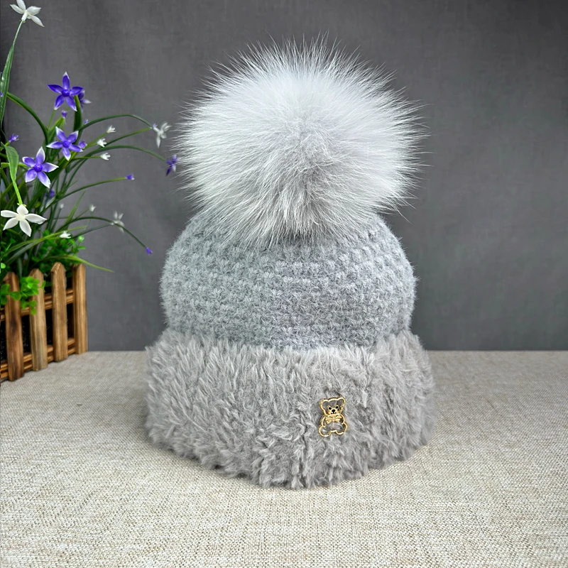 Imitation mink fur hat for women versatile and cute in winter real fox fur ball yarn hat warm hat thick ear protection knitted