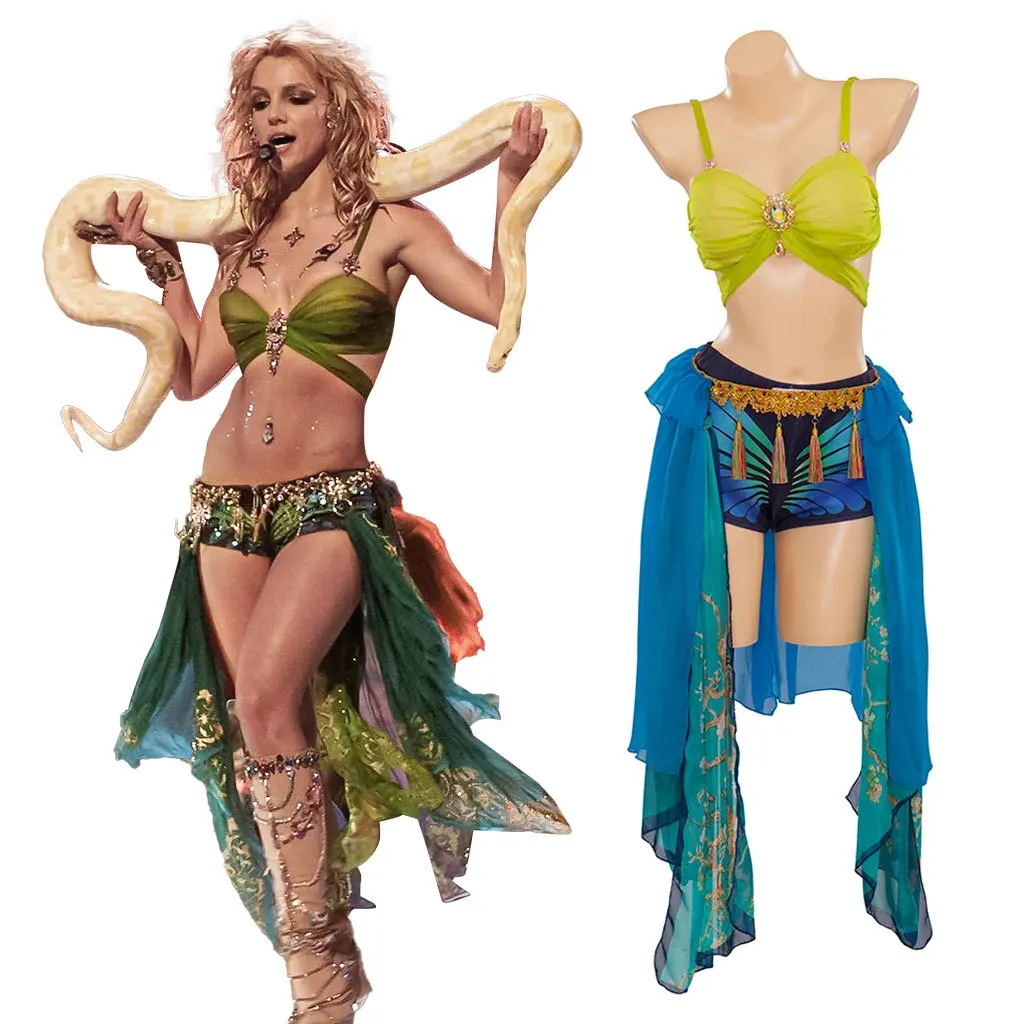 

Britney Spears Slave Costume Blue Stage Performance Dance Dress Sexy Bra Shorts Skirts Suit Female Halloween Carnival Party Suit