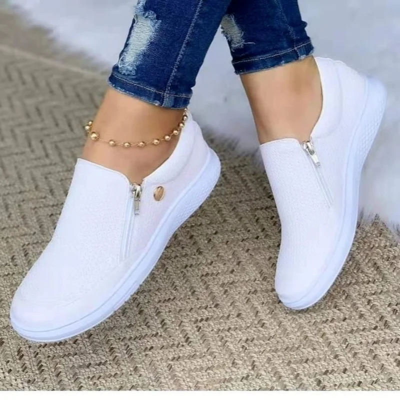 Women Shoes Everyday Loafers Flat LoafersZipper Embossed Leather Ladies Autumn Glitter Thick Sole Fashion Women Vulcanized Shoes