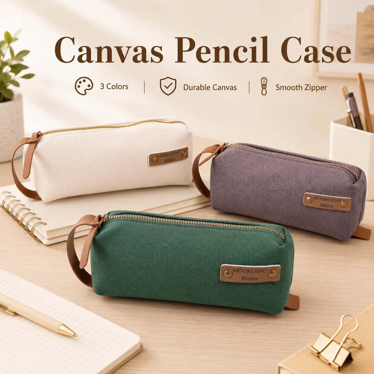 Durable Canvas Minimalist Leather Wrist Strap Metal Zipper Pencil Case For Students School Office Travel Stationery Storage