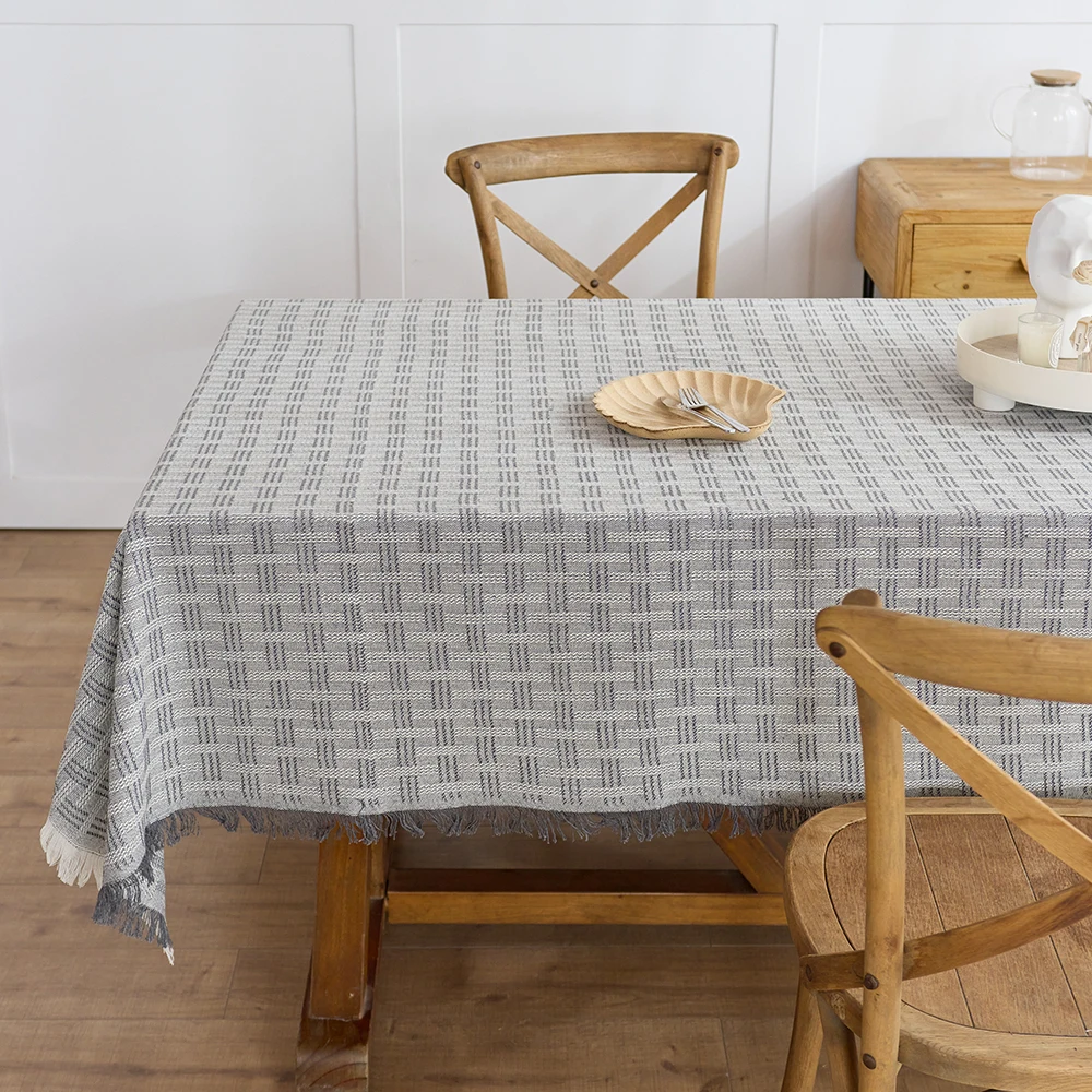 Autumn Cotton Linen Tablecloth Farmhouse Tablecloths Grey  Burlap Table Covers with Tassel for Kitchen Dinning Picnic Wedding