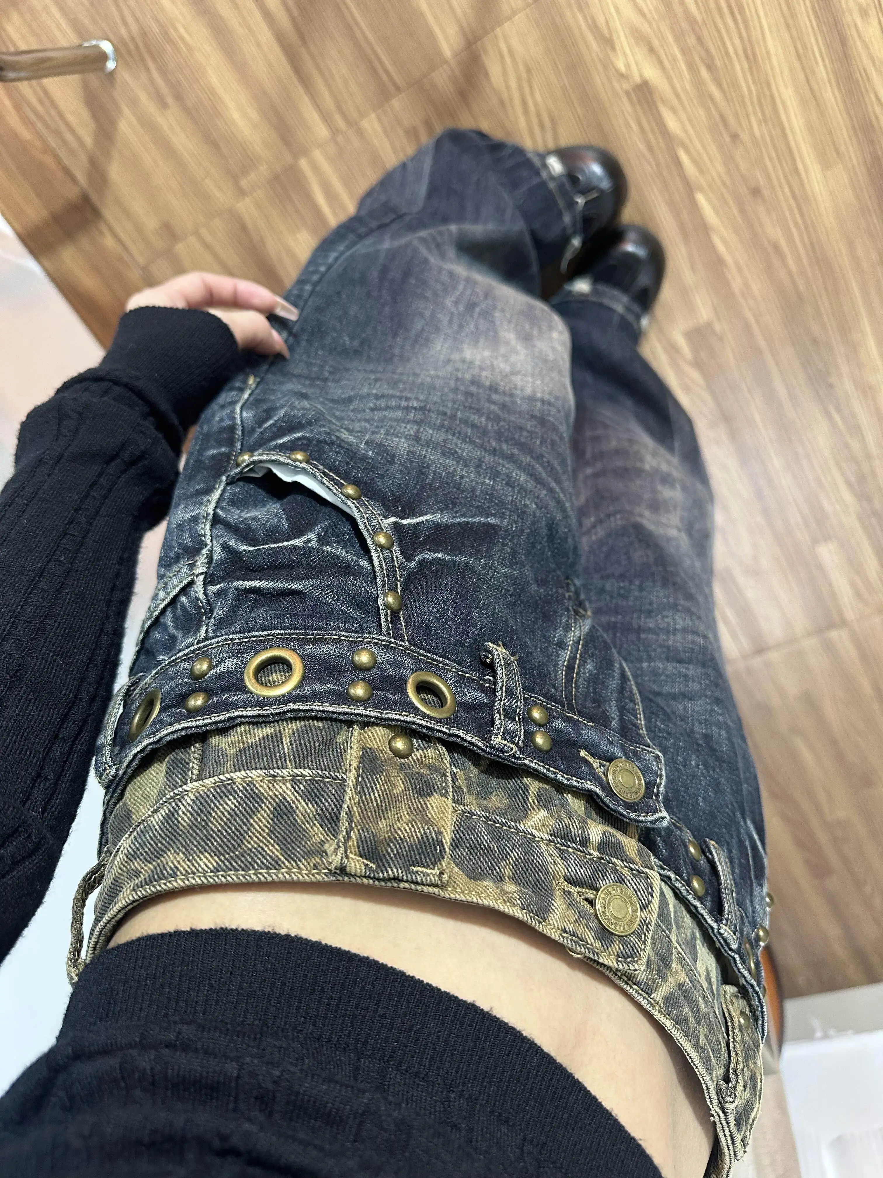 Retro American Leopard Print Patchwork Jeans Fake Two Pieces Women's Spring Autumn Wide Leg Trousers High Waist Denim Pants