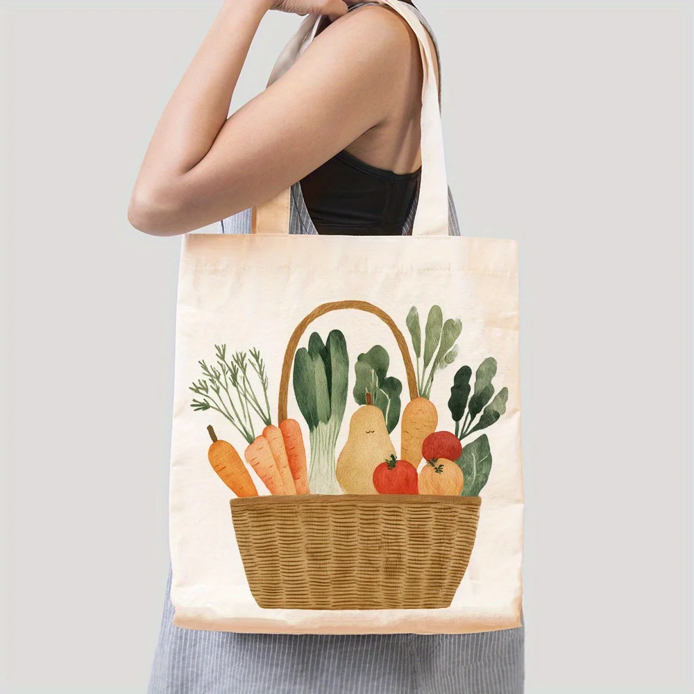 A Vegetable Illustration Print Canvas Tote Bag, Suitable For Daily Use, Shopping, School, And Travel