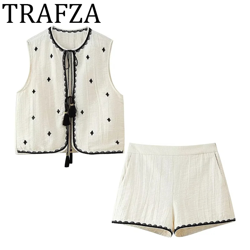 

TRAFZA Shorts Set Embroidered Tassel Bead Vest+High-waist Shorts Two Pieces Set Summer Women's Suit Sleeveless Top Woman Outfit