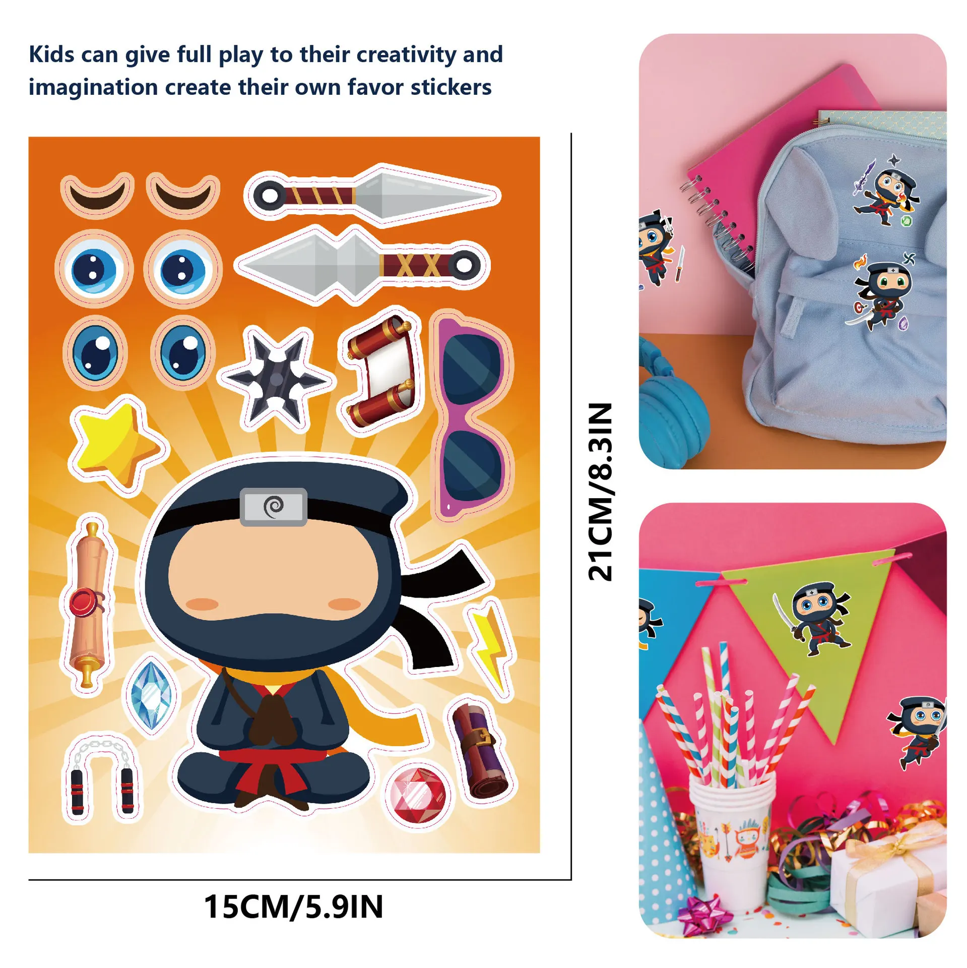 8/16Sheets Japan Ninja Make a Face Puzzle Stickers Make Your Own DIY Game Children Cartoon Jigsaw Education Sticker Party Gifts