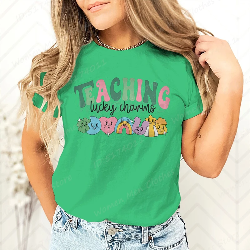 St Patrick's Day Teaching Lucky Charms Print T-shirt Women Summer Lovely Short Sleeve Casual O Neck T-Shirt Ladies Creative Tops