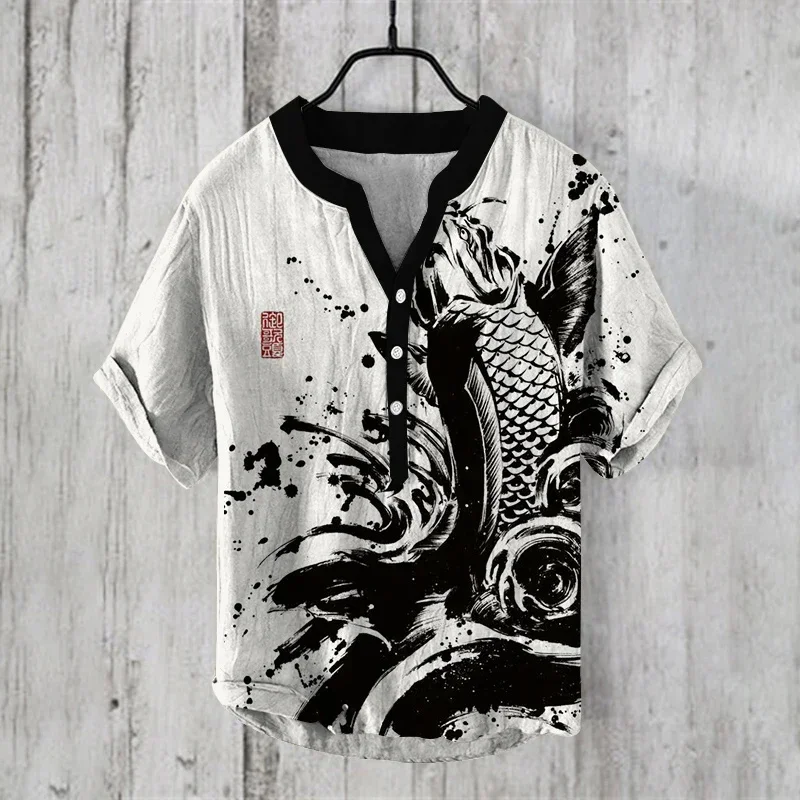 2025 New Premium Henley Collar Summer Men's Casual 3D Printed Short Sleeve T-Shirt Men's Art Shirt S-5XL Fast Shipping