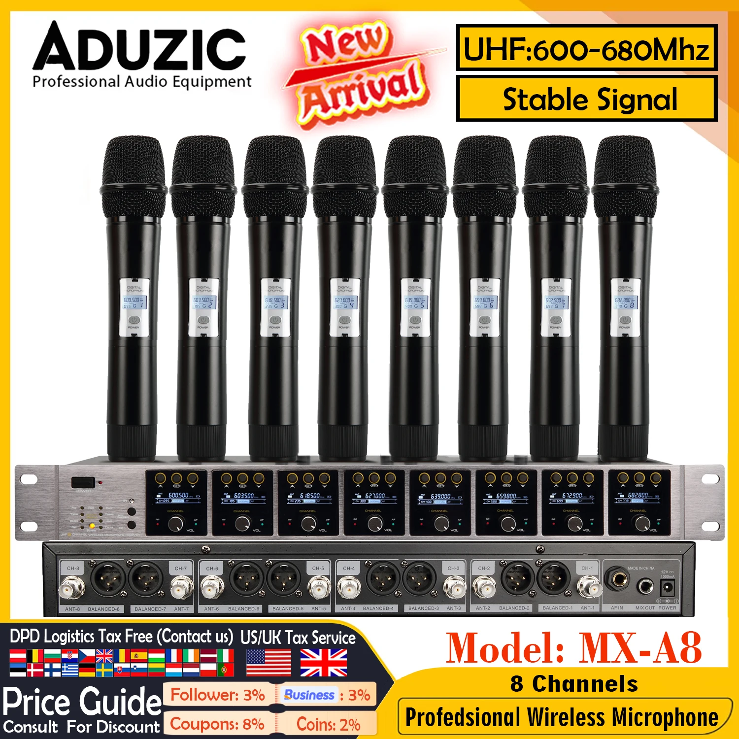 ADUZIC MX-A8 Dynamic Wireless Microphone 8 Channel Conference Microfono 600Mhz Digital UHF Transmit Automatic Frequency Scanning