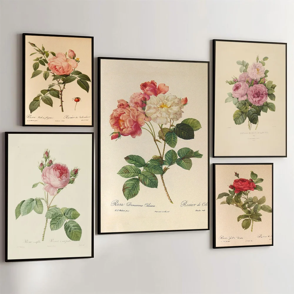 Affiche rétro de belles fleurs de roses, autocollant en papier imperméable, décoration murale pour café, Bar, salle