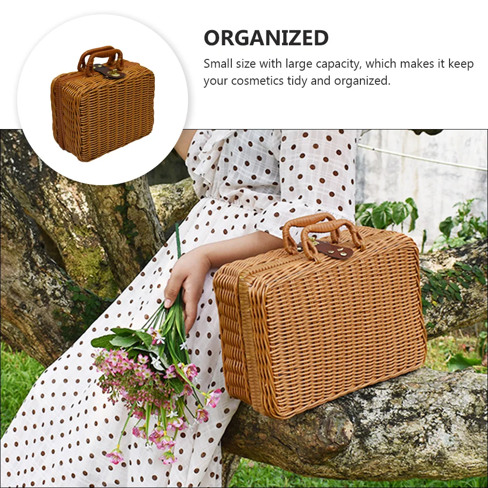 Estuche organizador de maquillaje de ratán, caja de cosméticos portátil, almacenamiento de tubo sólido para cepillos, cremas, lápices labiales, base, lápices, casa